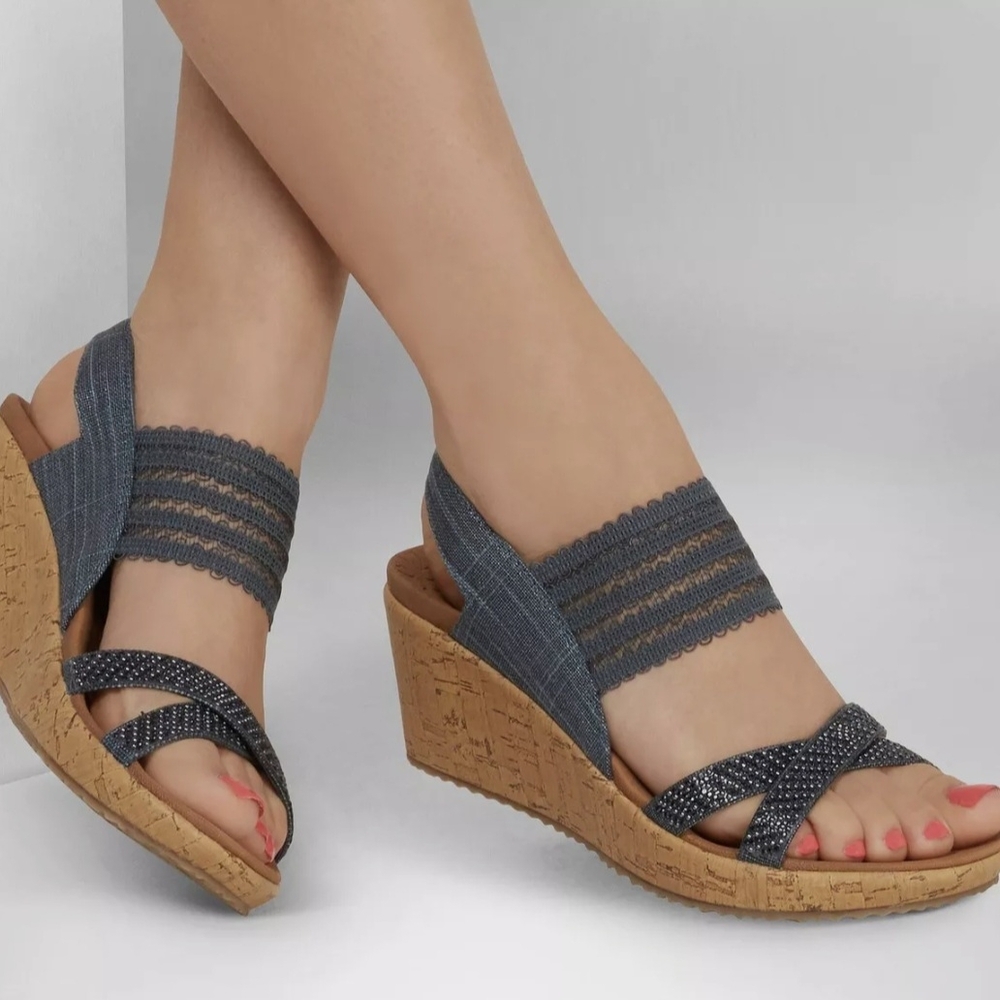 Skechers Blue Wedge Sandals with Cork Platform